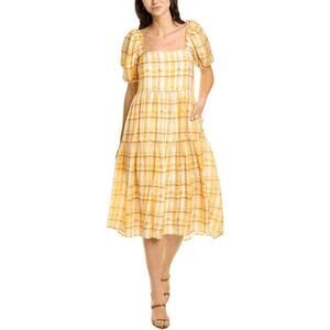 NWOT ASTR Womens Yellow Plaid Puff Sleeve Tiered Tie Back Midi Dress Size S